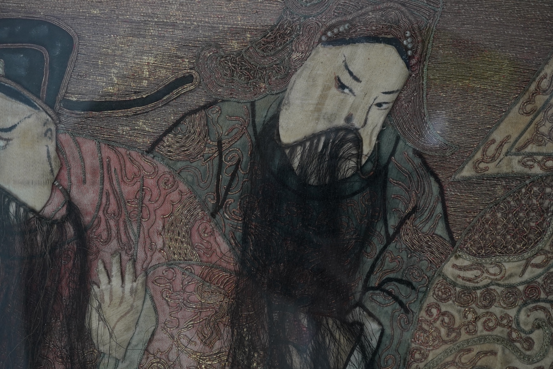 A Chinese embroidered silk ‘Peking Opera’ panel, early 20th century